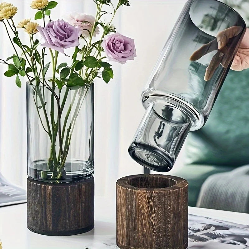 Ribbed Glass Vase with Wooden Base