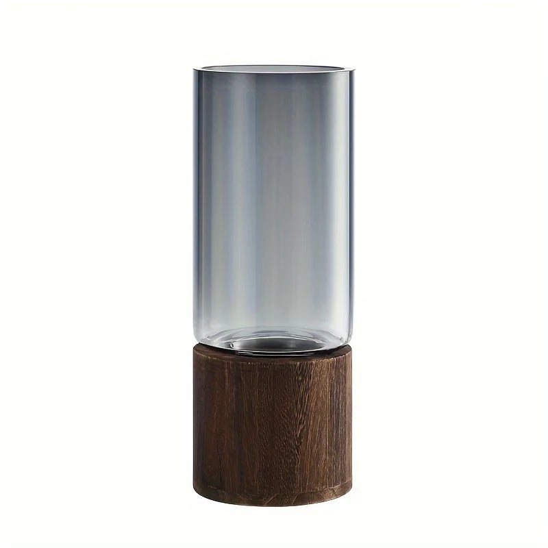 Ribbed Glass Vase with Wooden Base