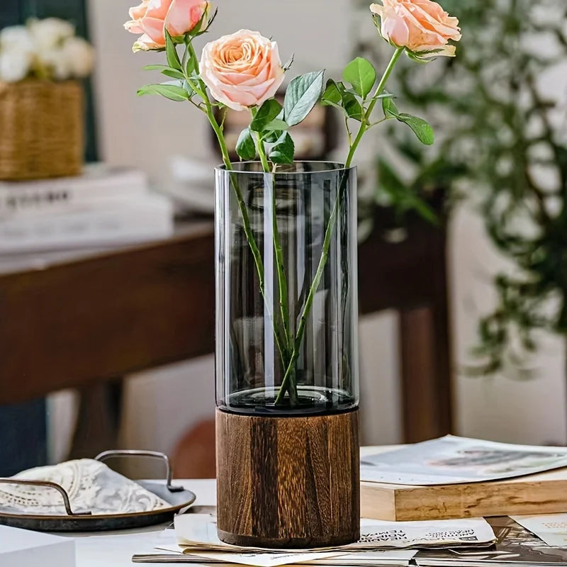 Ribbed Glass Vase with Wooden Base