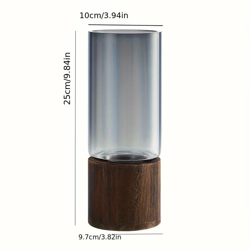 Ribbed Glass Vase with Wooden Base