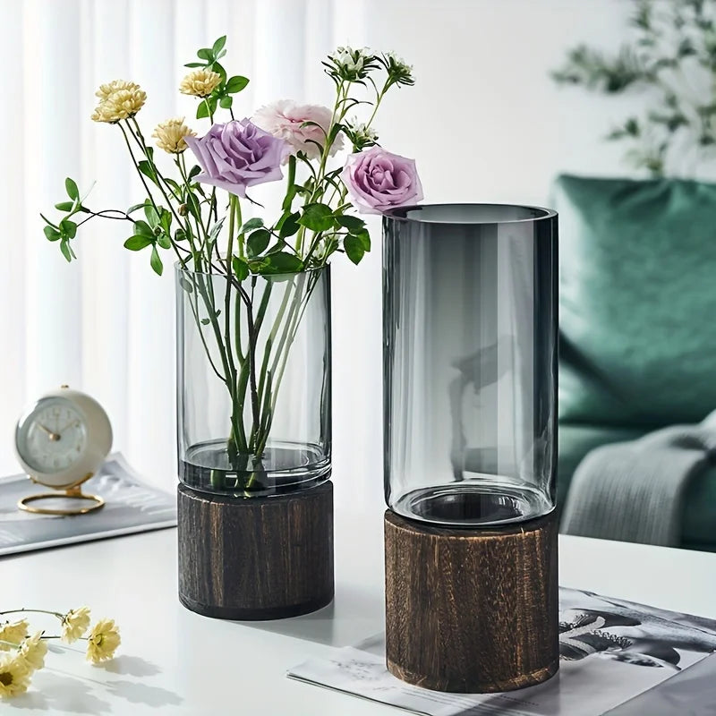 Ribbed Glass Vase with Wooden Base
