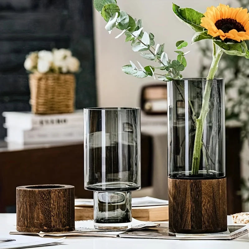 Ribbed Glass Vase with Wooden Base