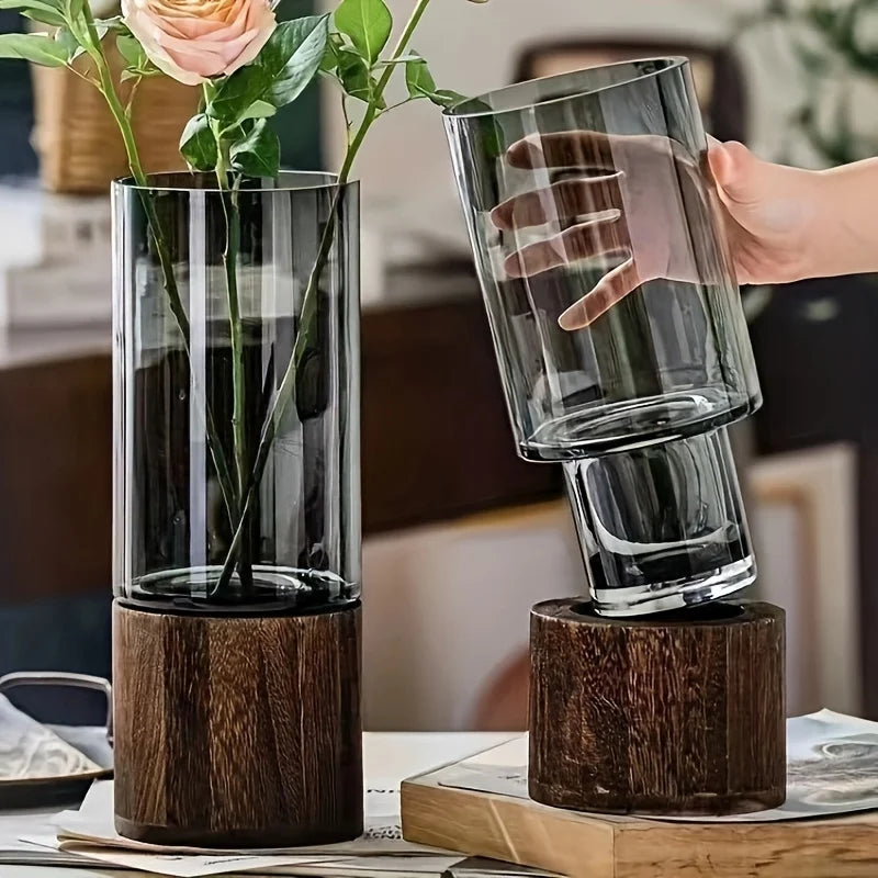 Ribbed Glass Vase with Wooden Base